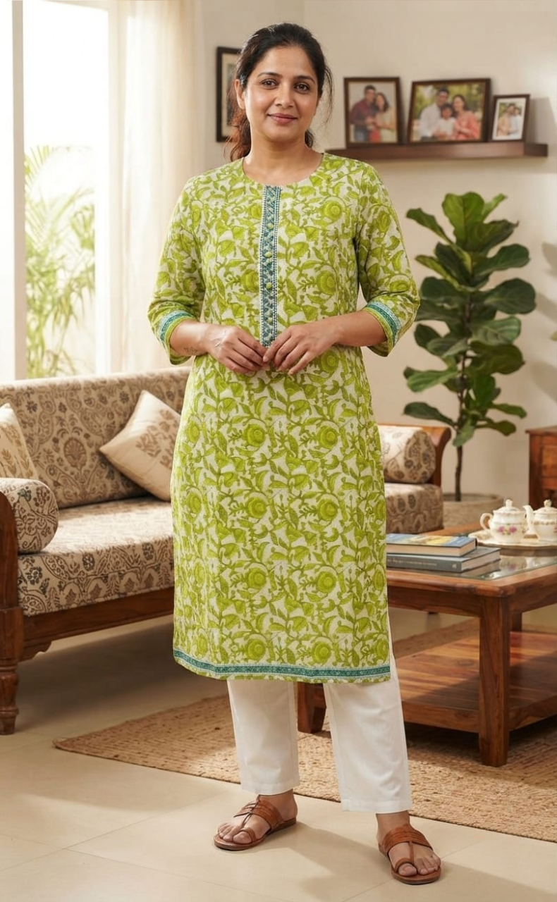 White/Green Garden Jaipuri Cotton Kurti. Pure Versatile Cotton. | Laces and Frills