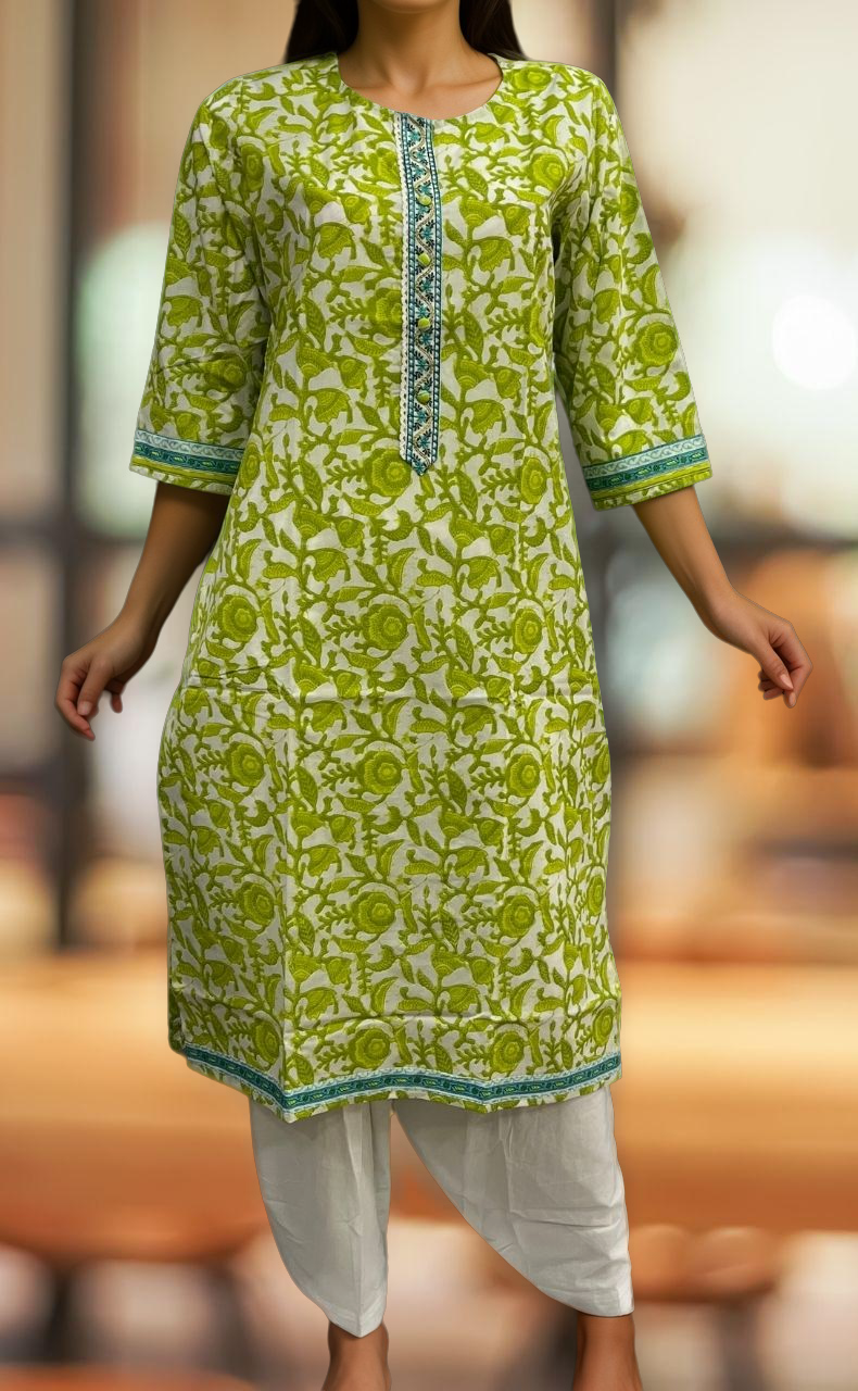White/Green Garden Jaipuri Cotton Kurti. Pure Versatile Cotton. | Laces and Frills - Laces and Frills