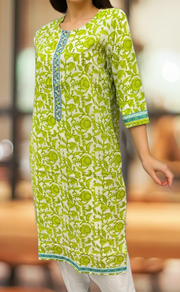 White/Green Garden Jaipuri Cotton Kurti. Pure Versatile Cotton. | Laces and Frills - Laces and Frills
