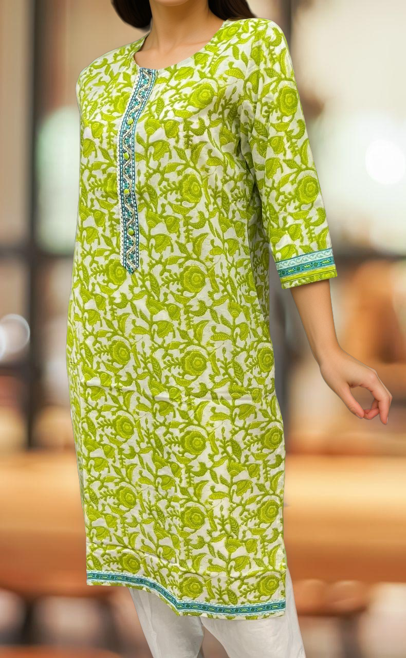 White/Green Garden Jaipuri Cotton Kurti. Pure Versatile Cotton. | Laces and Frills - Laces and Frills