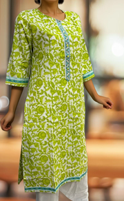 White/Green Garden Jaipuri Cotton Kurti. Pure Versatile Cotton. | Laces and Frills - Laces and Frills