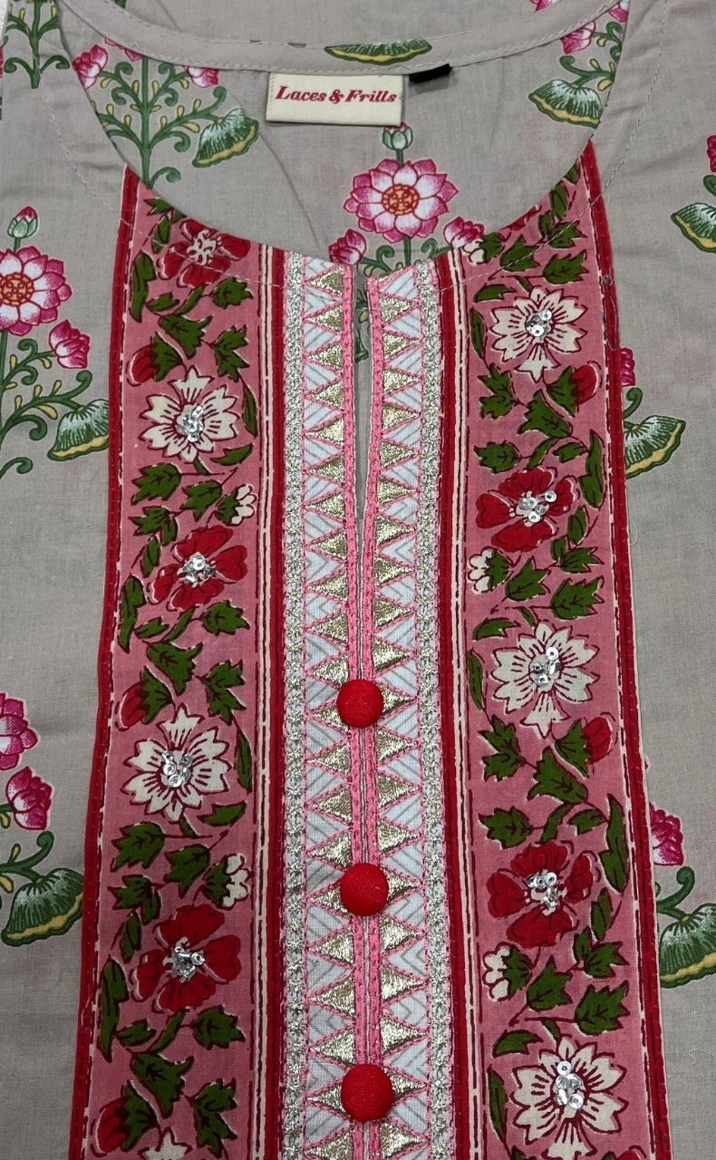Beige Floral Jaipuri Cotton Kurti. Pure Versatile Cotton. | Laces and Frills - Laces and Frills