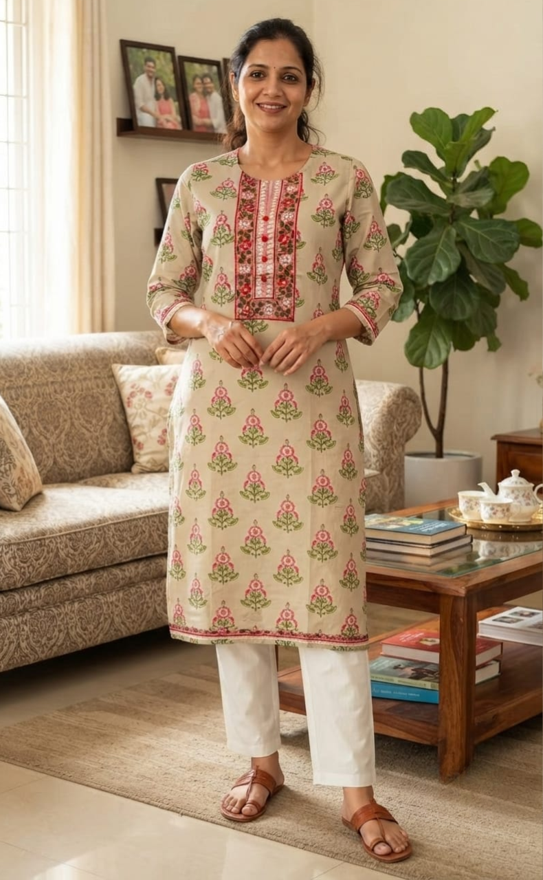 Beige Floral Jaipuri Cotton Kurti. Pure Versatile Cotton. | Laces and Frills