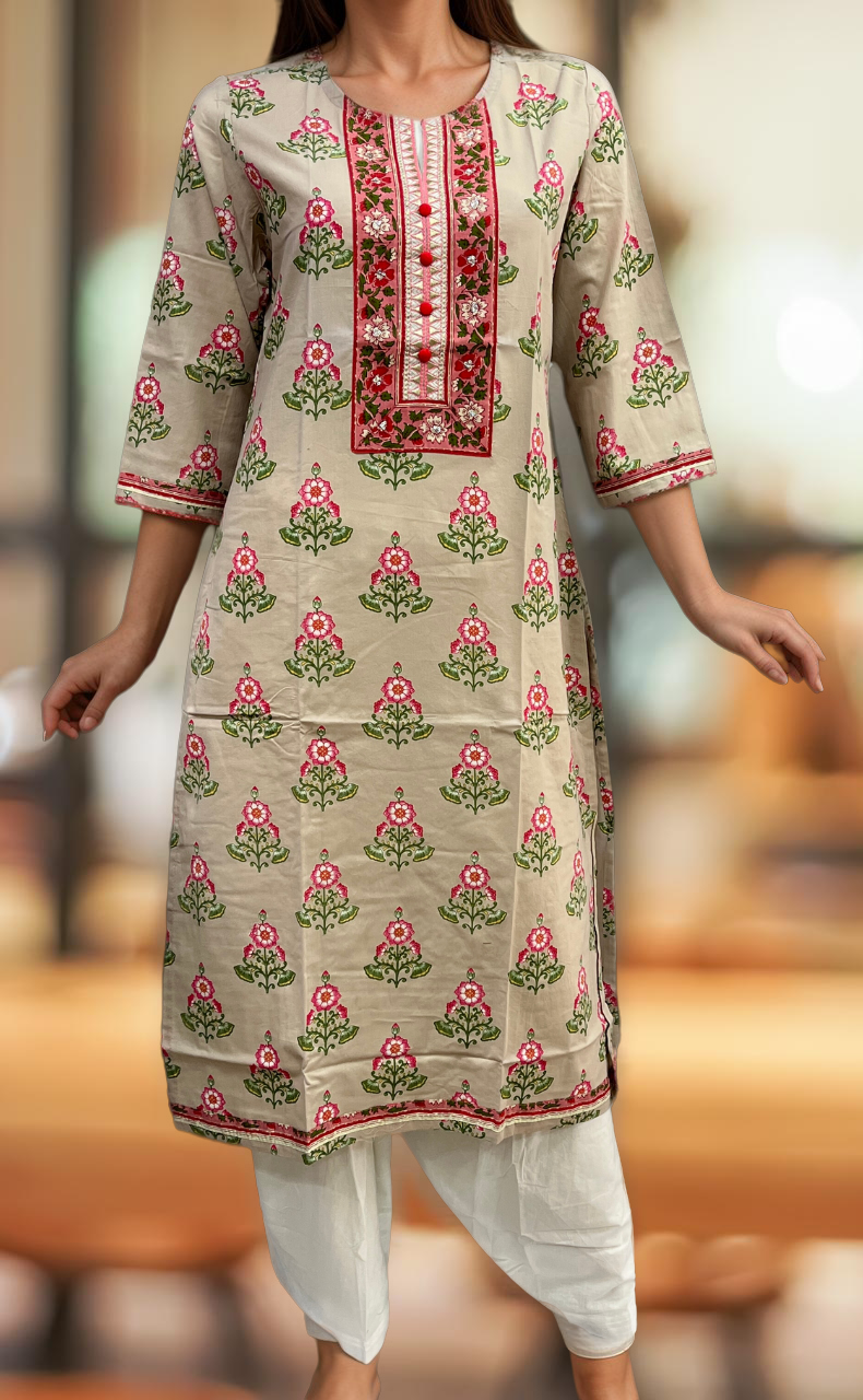 Beige Floral Jaipuri Cotton Kurti. Pure Versatile Cotton. | Laces and Frills - Laces and Frills