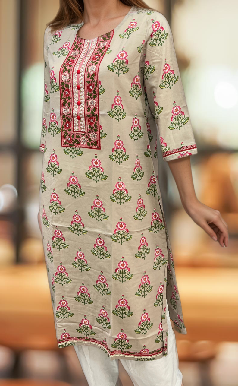 Beige Floral Jaipuri Cotton Kurti. Pure Versatile Cotton. | Laces and Frills - Laces and Frills