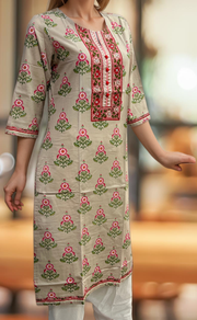Beige Floral Jaipuri Cotton Kurti. Pure Versatile Cotton. | Laces and Frills - Laces and Frills