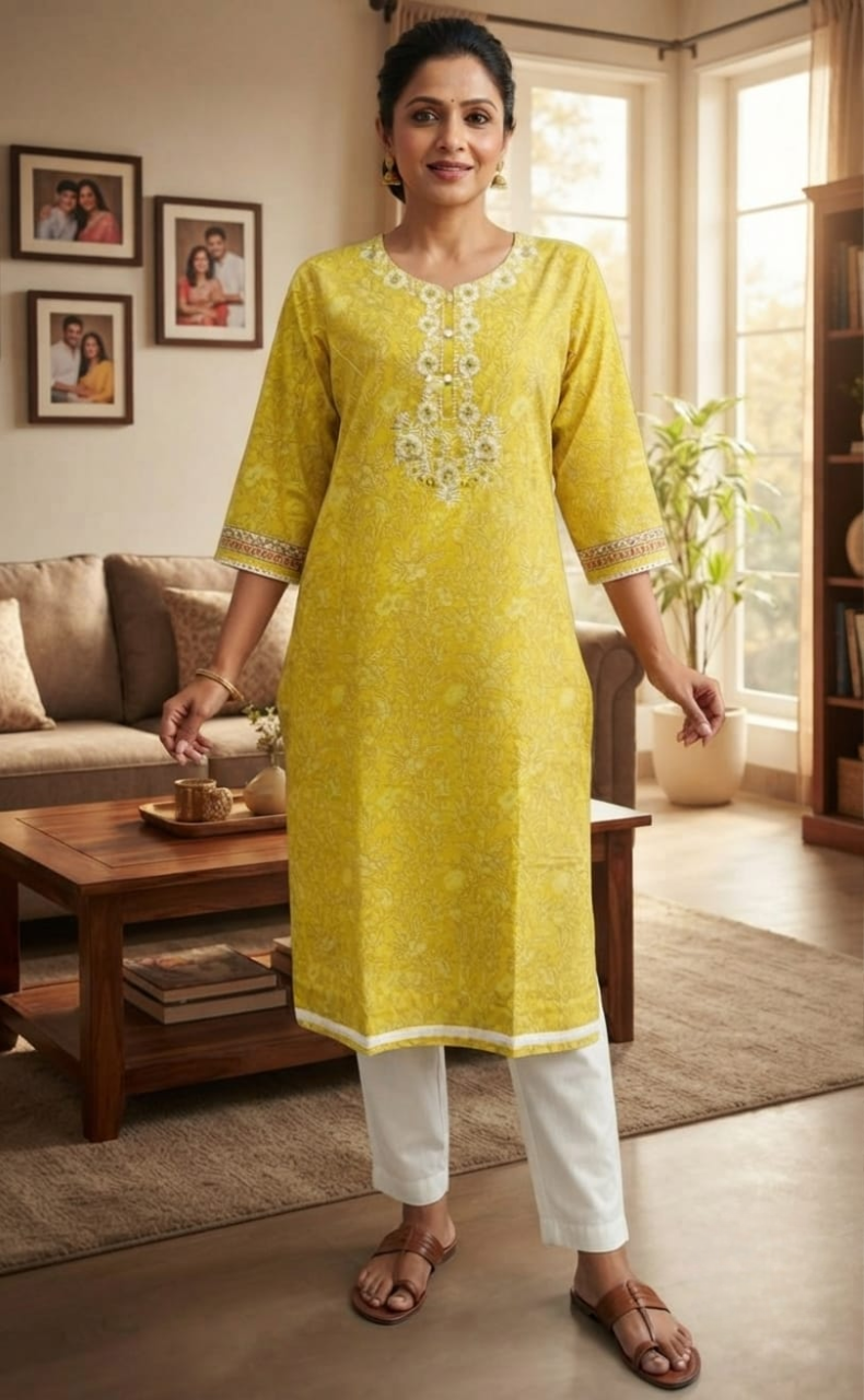 Yellow Jaipuri Cotton Embroidery Kurti. Pure Versatile Cotton. | Laces and Frills