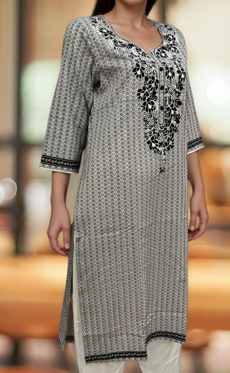 White/Black Jaipuri Cotton Embroidery Kurti. Pure Versatile Cotton. | Laces and Frills - Laces and Frills