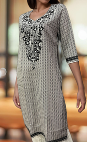 White/Black Jaipuri Cotton Embroidery Kurti. Pure Versatile Cotton. | Laces and Frills - Laces and Frills