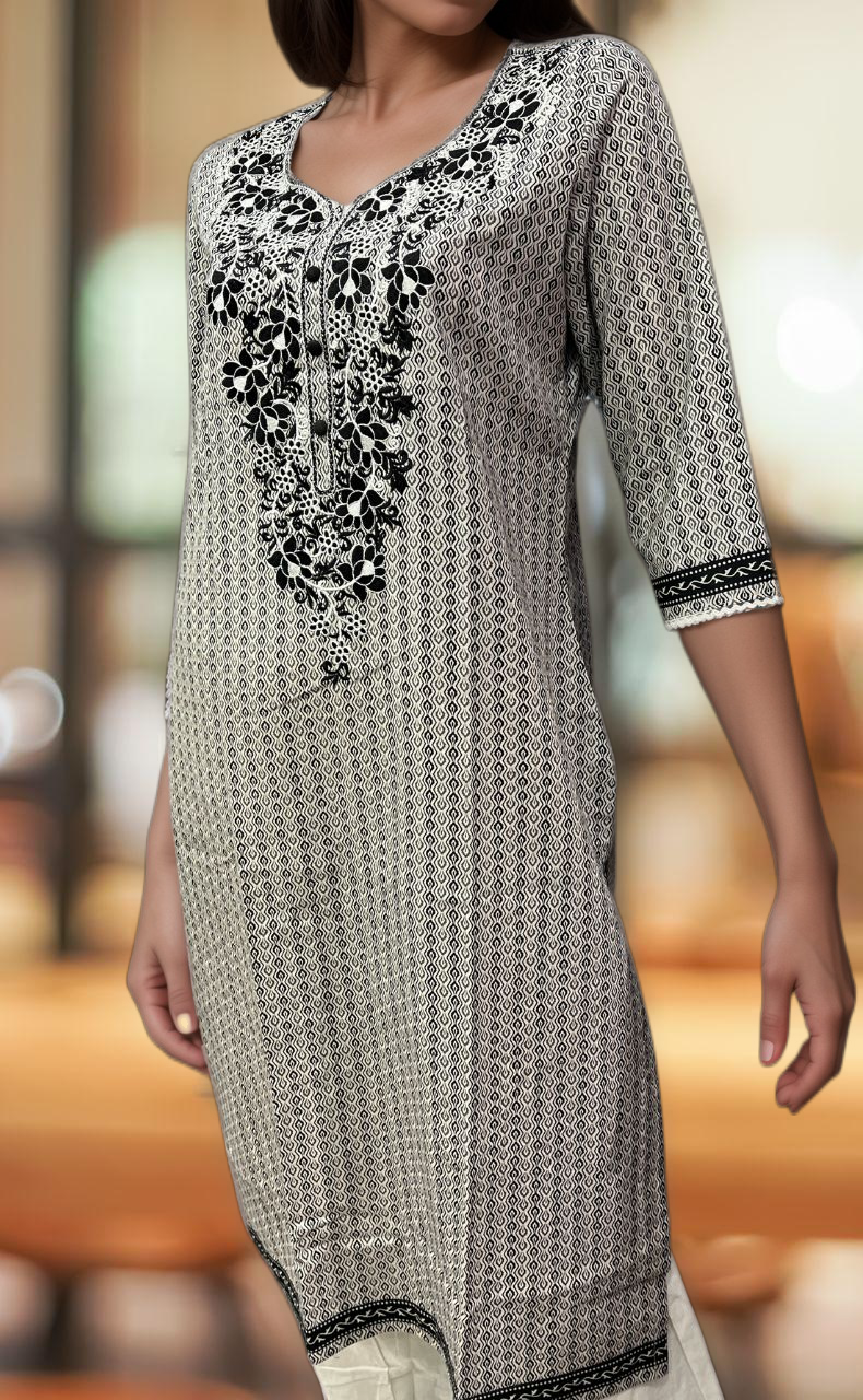 White/Black Jaipuri Cotton Embroidery Kurti. Pure Versatile Cotton. | Laces and Frills - Laces and Frills