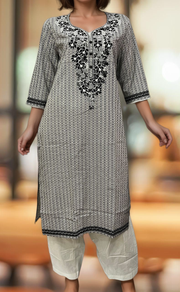 White/Black Jaipuri Cotton Embroidery Kurti. Pure Versatile Cotton. | Laces and Frills - Laces and Frills