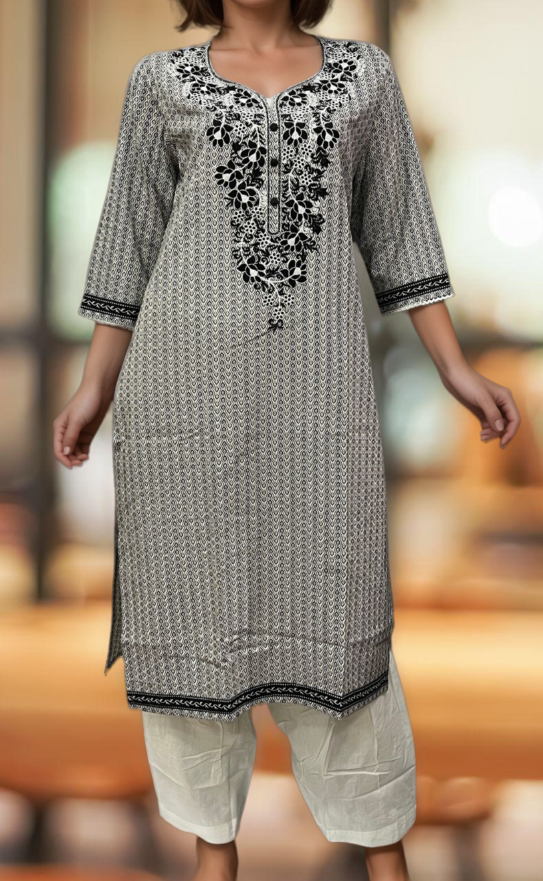 White/Black Jaipuri Cotton Embroidery Kurti. Pure Versatile Cotton. | Laces and Frills - Laces and Frills
