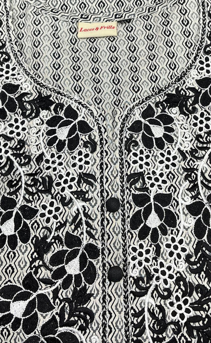 White/Black Jaipuri Cotton Embroidery Kurti. Pure Versatile Cotton. | Laces and Frills - Laces and Frills