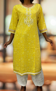 Yellow Jaipuri Cotton Embroidery Kurti. Pure Versatile Cotton. | Laces and Frills - Laces and Frills