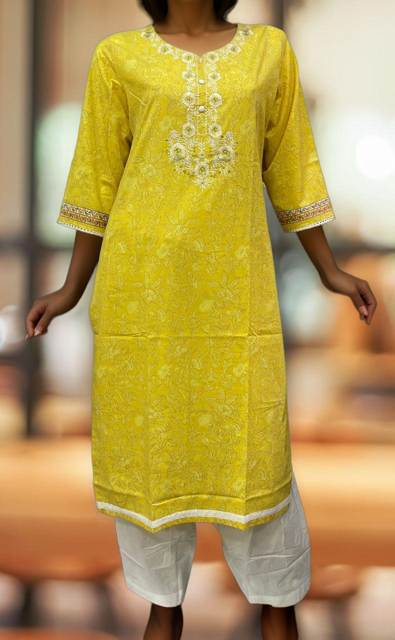 Yellow Jaipuri Cotton Embroidery Kurti. Pure Versatile Cotton. | Laces and Frills - Laces and Frills