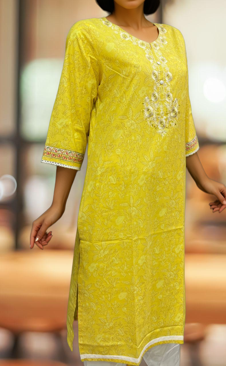Yellow Jaipuri Cotton Embroidery Kurti. Pure Versatile Cotton. | Laces and Frills - Laces and Frills