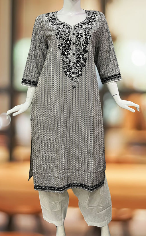 White/Black Jaipuri Cotton Embroidery Kurti. Pure Versatile Cotton. | Laces and Frills - Laces and Frills