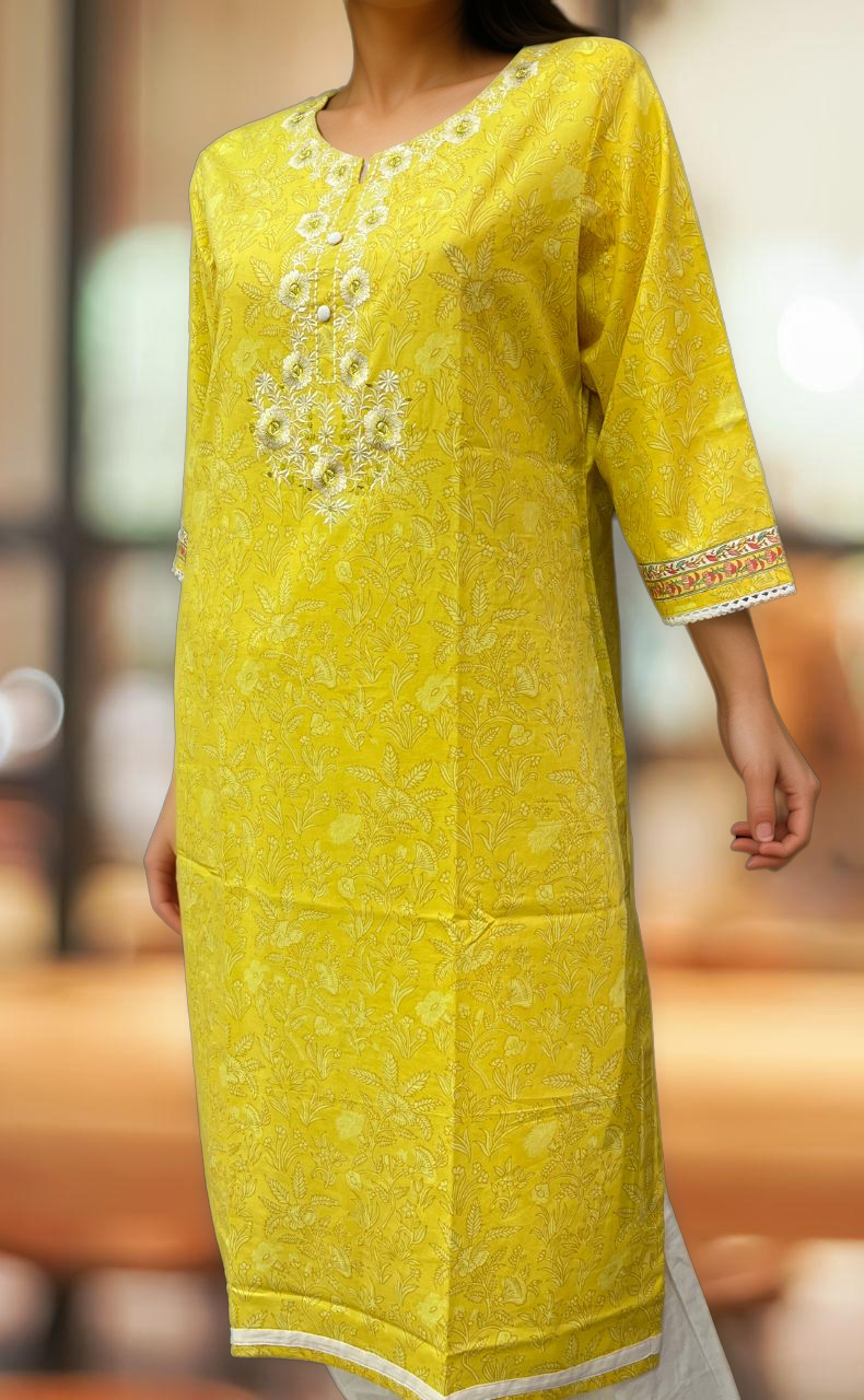 Yellow Jaipuri Cotton Embroidery Kurti. Pure Versatile Cotton. | Laces and Frills - Laces and Frills