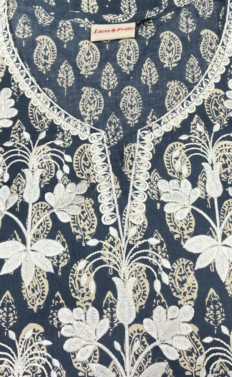 Dark Grey Jaipuri Cotton Embroidery Kurti. Pure Versatile Cotton. | Laces and Frills - Laces and Frills