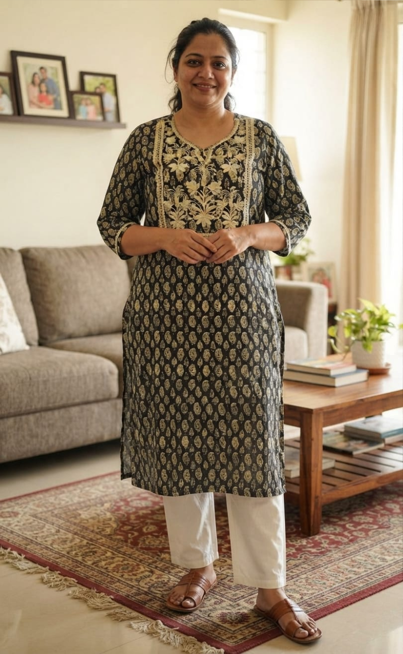 Dark Grey Jaipuri Cotton Embroidery Kurti. Pure Versatile Cotton. | Laces and Frills