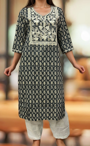 Dark Grey Jaipuri Cotton Embroidery Kurti. Pure Versatile Cotton. | Laces and Frills - Laces and Frills