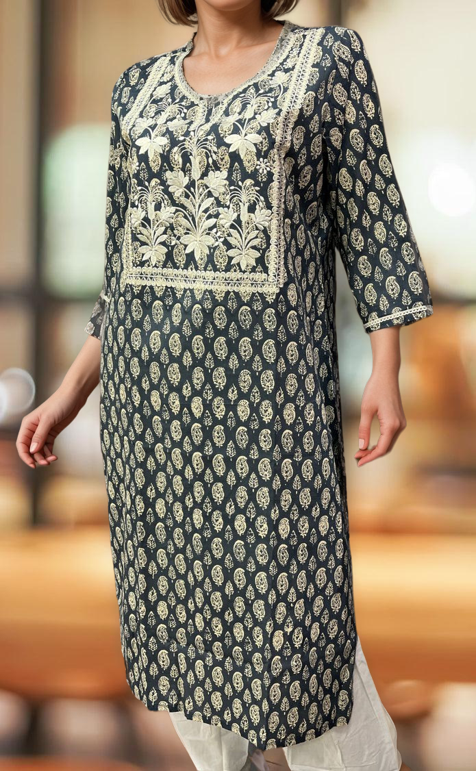 Dark Grey Jaipuri Cotton Embroidery Kurti. Pure Versatile Cotton. | Laces and Frills - Laces and Frills
