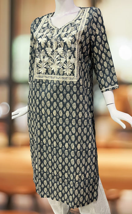 Dark Grey Jaipuri Cotton Embroidery Kurti. Pure Versatile Cotton. | Laces and Frills - Laces and Frills