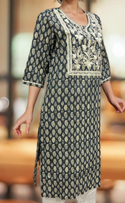 Dark Grey Jaipuri Cotton Embroidery Kurti. Pure Versatile Cotton. | Laces and Frills - Laces and Frills
