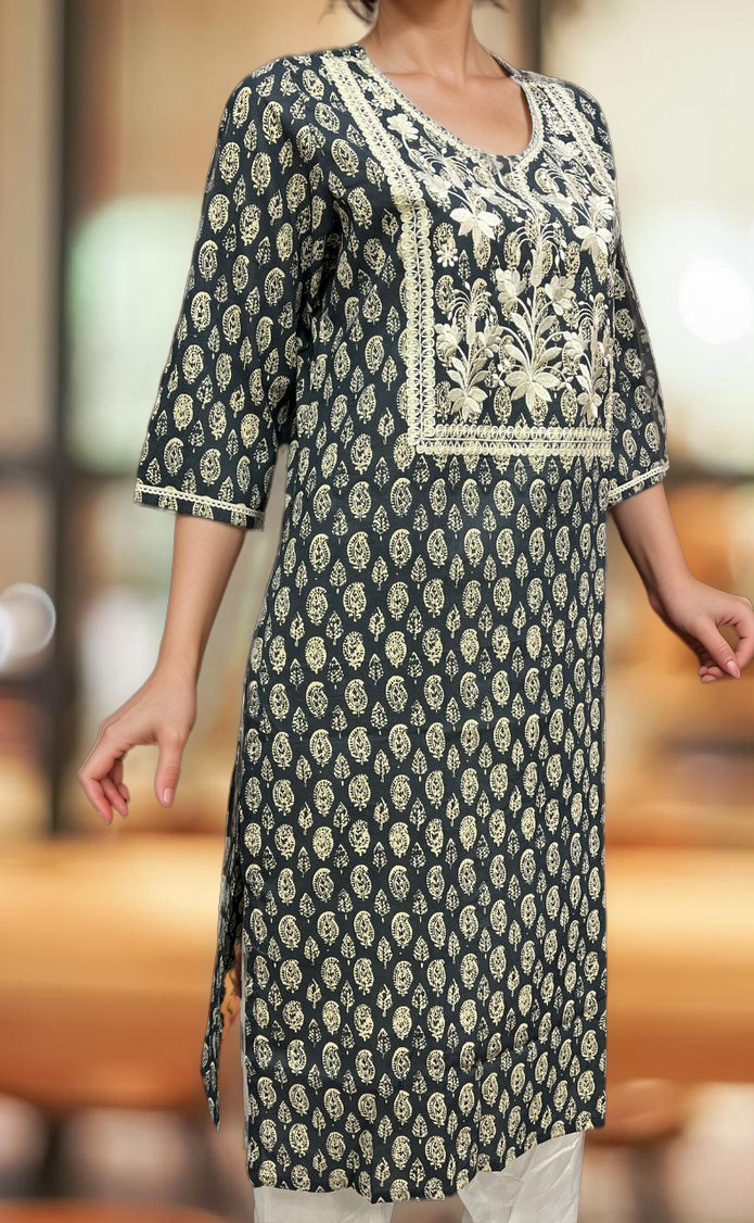 Dark Grey Jaipuri Cotton Embroidery Kurti. Pure Versatile Cotton. | Laces and Frills - Laces and Frills