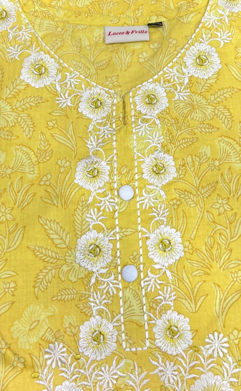 Yellow Jaipuri Cotton Embroidery Kurti. Pure Versatile Cotton. | Laces and Frills - Laces and Frills