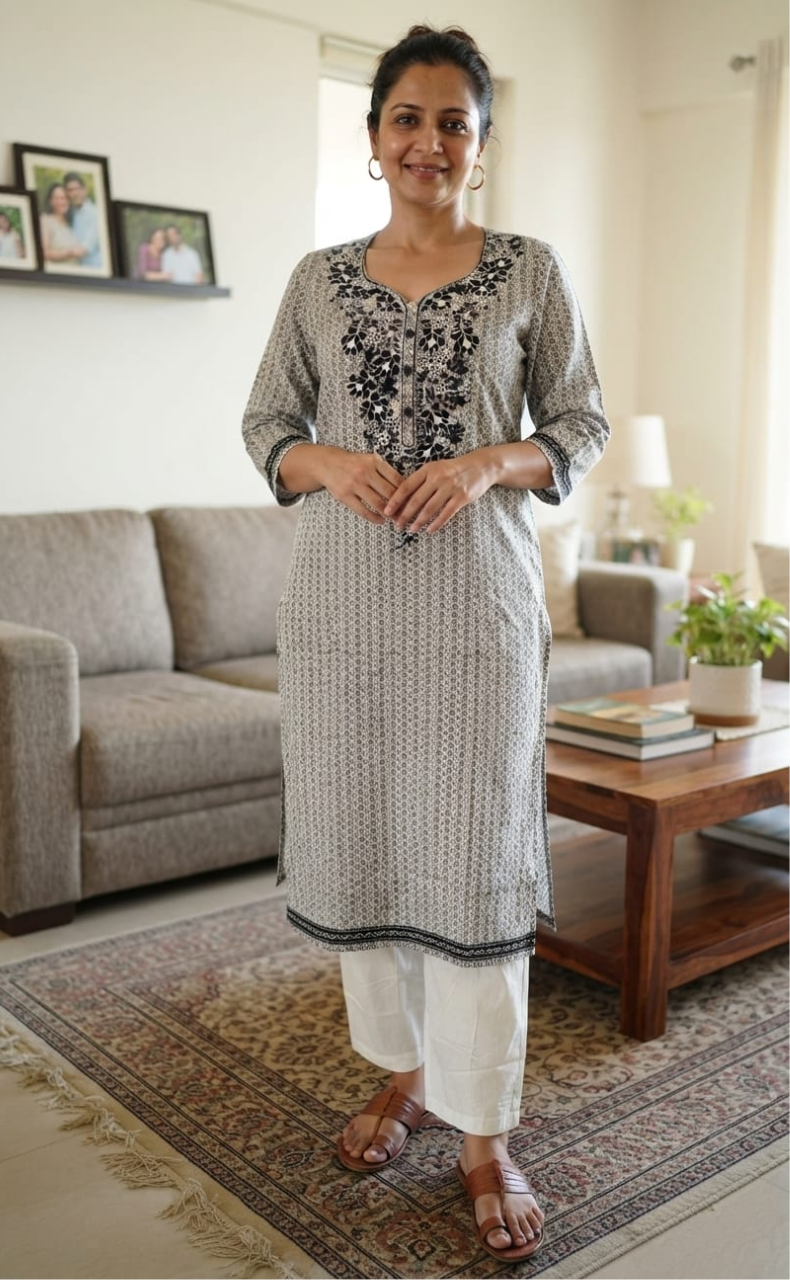 White/Black Jaipuri Cotton Embroidery Kurti. Pure Versatile Cotton. | Laces and Frills