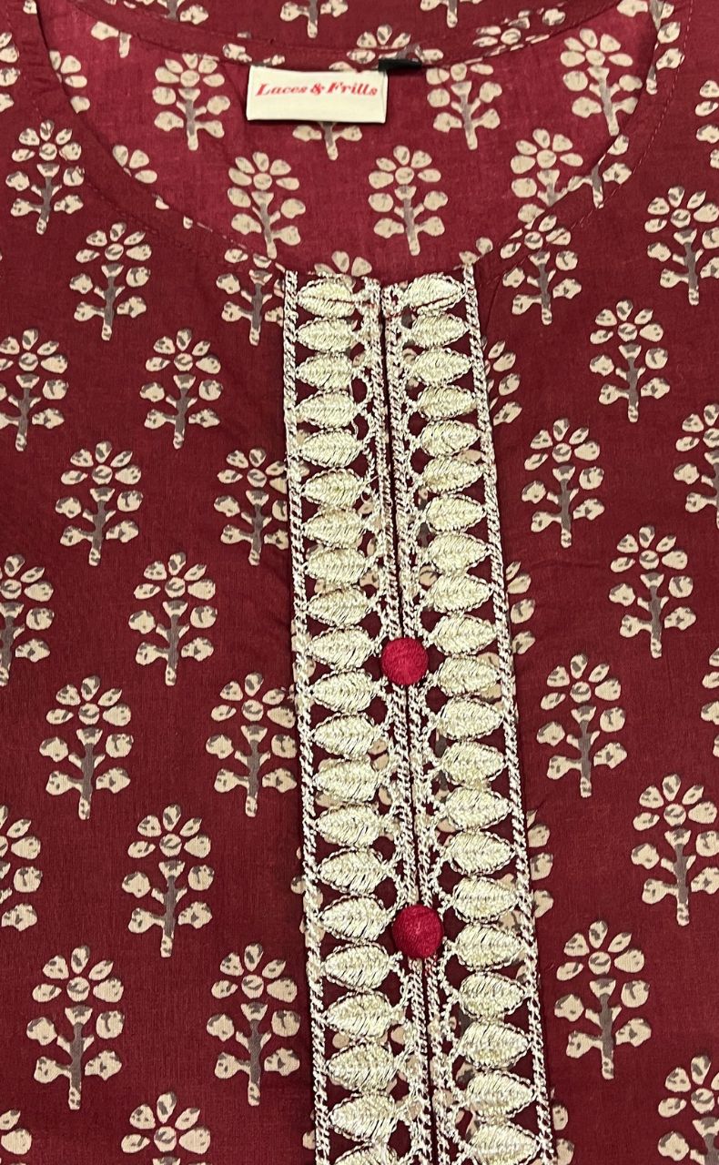 Maroon Floral Jaipuri Cotton Kurti. Pure Versatile Cotton. | Laces and Frills - Laces and Frills