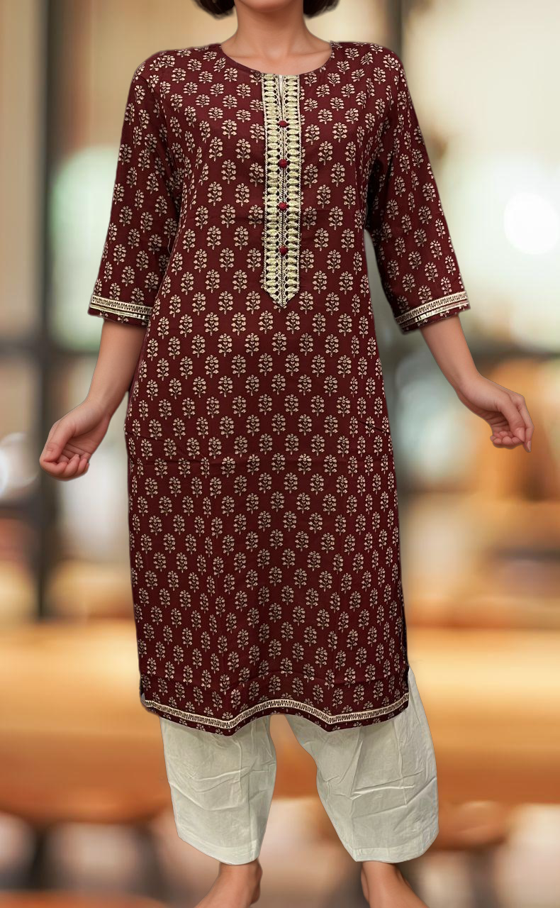 Maroon Floral Jaipuri Cotton Kurti. Pure Versatile Cotton. | Laces and Frills - Laces and Frills