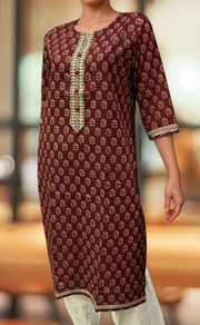 Maroon Floral Jaipuri Cotton Kurti. Pure Versatile Cotton. | Laces and Frills - Laces and Frills