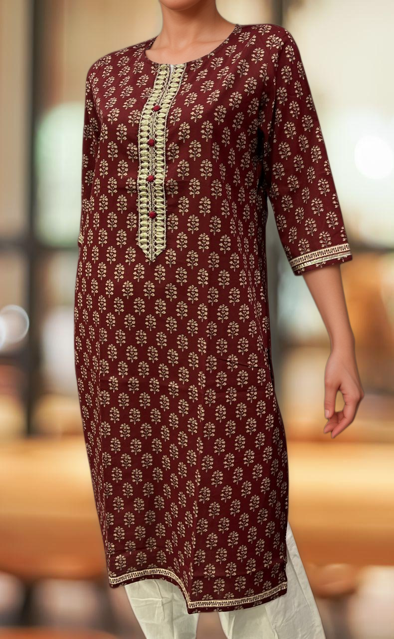 Maroon Floral Jaipuri Cotton Kurti. Pure Versatile Cotton. | Laces and Frills - Laces and Frills