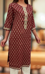 Maroon Floral Jaipuri Cotton Kurti. Pure Versatile Cotton. | Laces and Frills - Laces and Frills