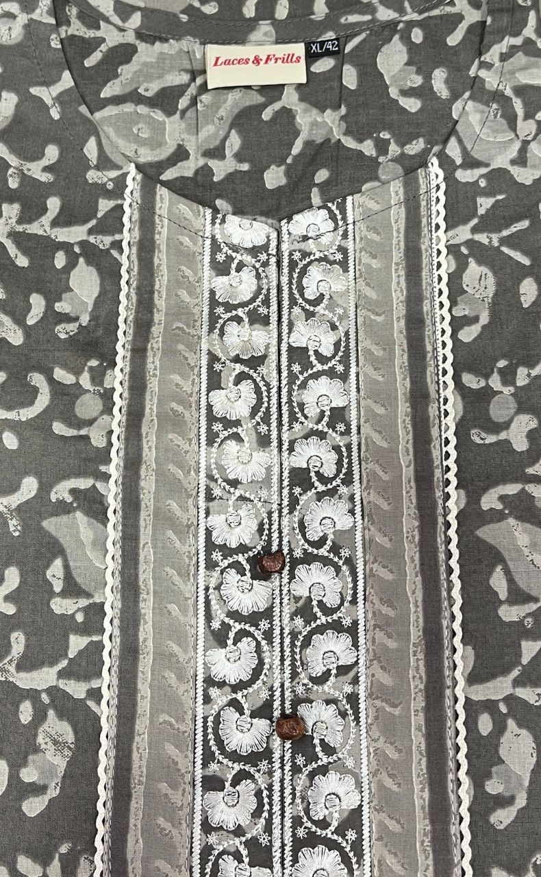 Grey/White Garden Jaipuri Cotton Kurti. Pure Versatile Cotton. | Laces and Frills - Laces and Frills