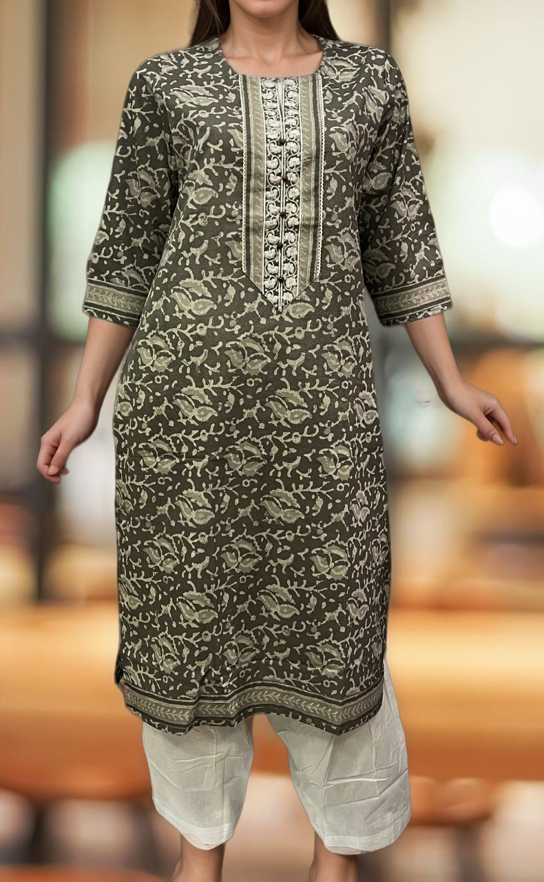 Grey/White Garden Jaipuri Cotton Kurti. Pure Versatile Cotton. | Laces and Frills - Laces and Frills