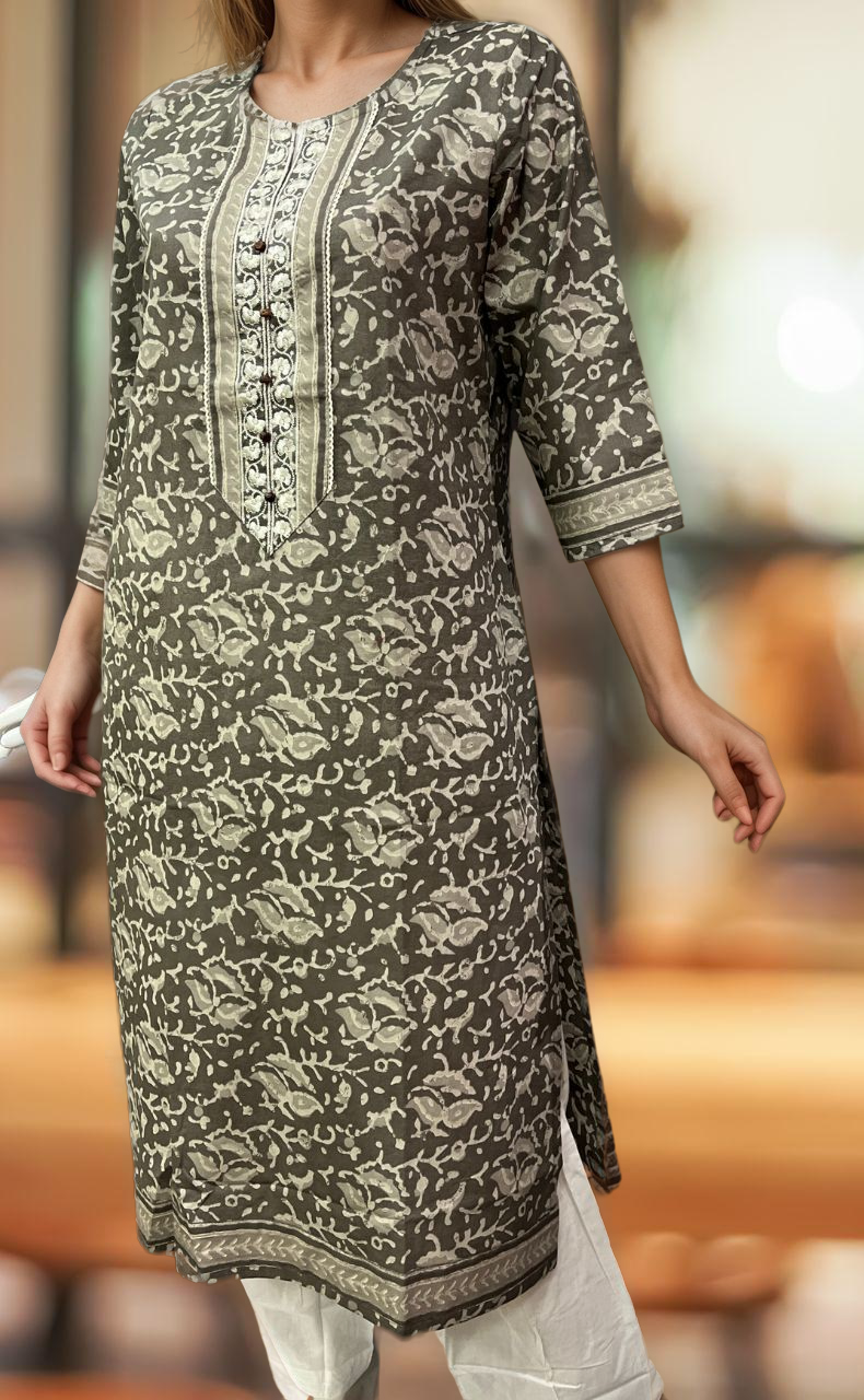 Grey/White Garden Jaipuri Cotton Kurti. Pure Versatile Cotton. | Laces and Frills - Laces and Frills