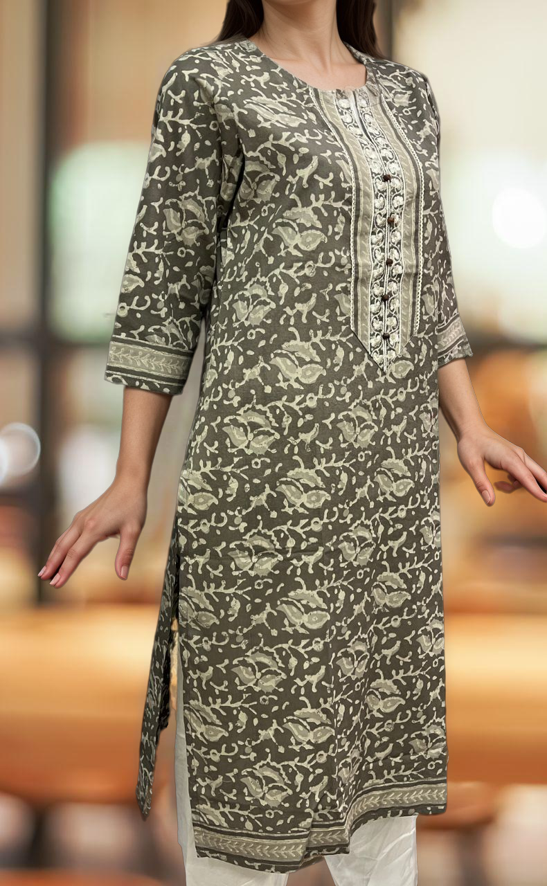 Grey/White Garden Jaipuri Cotton Kurti. Pure Versatile Cotton. | Laces and Frills - Laces and Frills