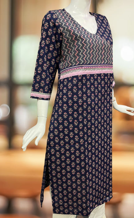 Navy Blue/Pink Floral Jaipuri Cotton Kurti. Pure Versatile Cotton. | Laces and Frills - Laces and Frills