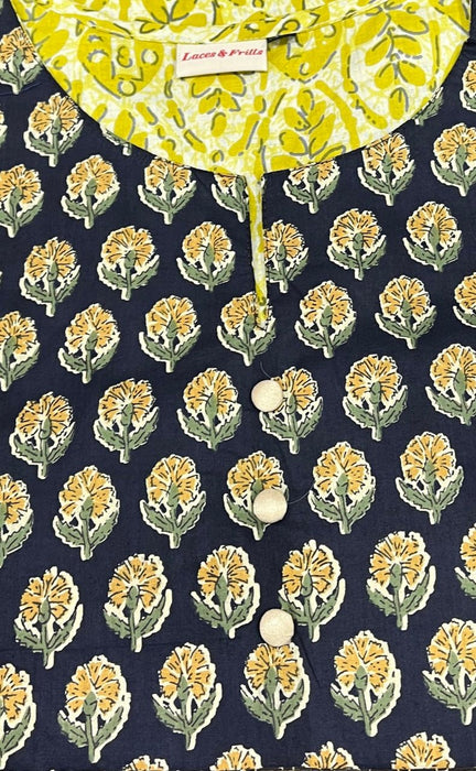 Yellow/Navy Blue Flora Jaipuri Cotton Kurti. Pure Versatile Cotton. | Laces and Frills - Laces and Frills