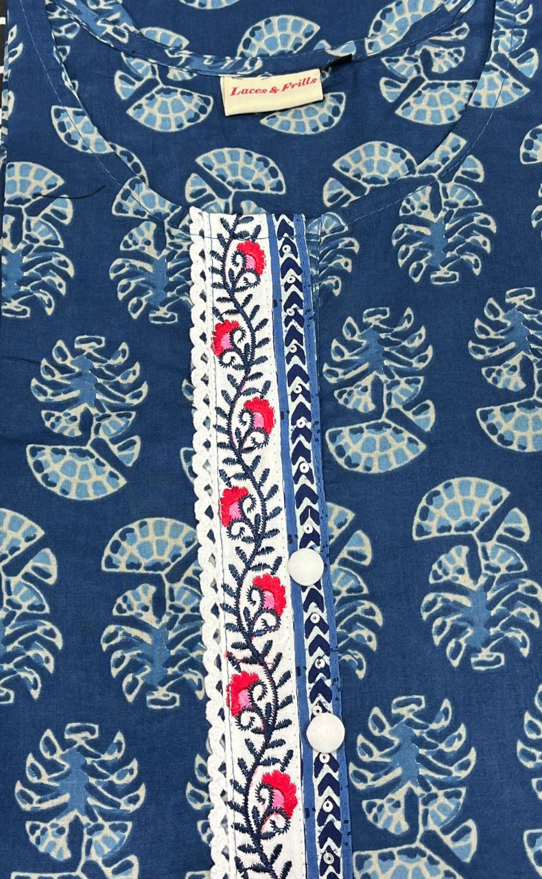 Indigo Blue Flora Jaipuri Cotton Kurti. Pure Versatile Cotton. | Laces and Frills - Laces and Frills