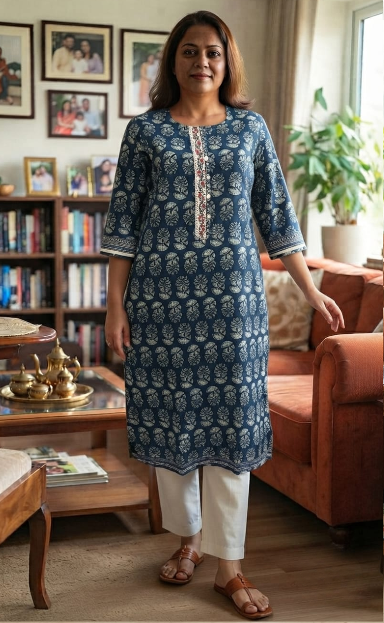 Indigo Blue Flora Jaipuri Cotton Kurti. Pure Versatile Cotton. | Laces and Frills