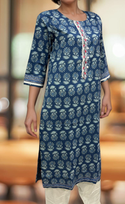 Indigo Blue Flora Jaipuri Cotton Kurti. Pure Versatile Cotton. | Laces and Frills - Laces and Frills
