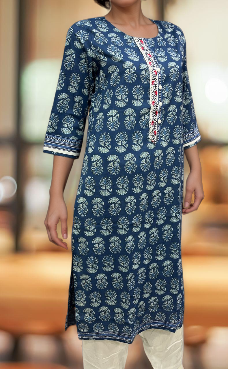 Indigo Blue Flora Jaipuri Cotton Kurti. Pure Versatile Cotton. | Laces and Frills - Laces and Frills