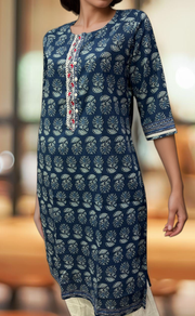 Indigo Blue Flora Jaipuri Cotton Kurti. Pure Versatile Cotton. | Laces and Frills - Laces and Frills