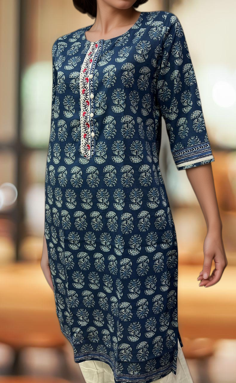 Indigo Blue Flora Jaipuri Cotton Kurti. Pure Versatile Cotton. | Laces and Frills - Laces and Frills