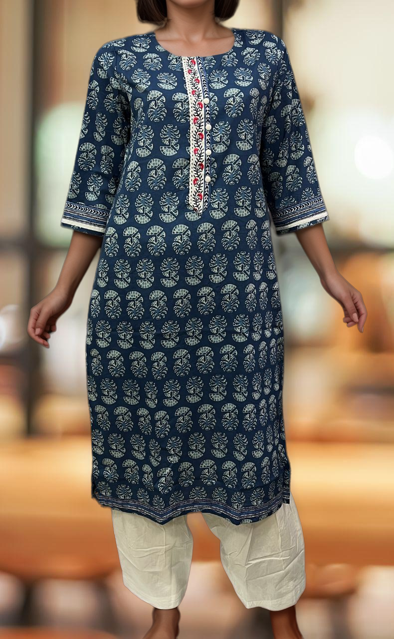 Indigo Blue Flora Jaipuri Cotton Kurti. Pure Versatile Cotton. | Laces and Frills - Laces and Frills