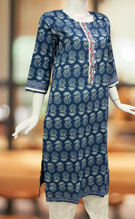 Indigo Blue Flora Jaipuri Cotton Kurti. Pure Versatile Cotton. | Laces and Frills - Laces and Frills
